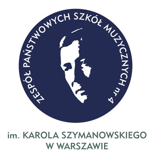 Logo ZPSM nr 4. Biały profil twarzy Karola Szymanowskiego na granatowym tle